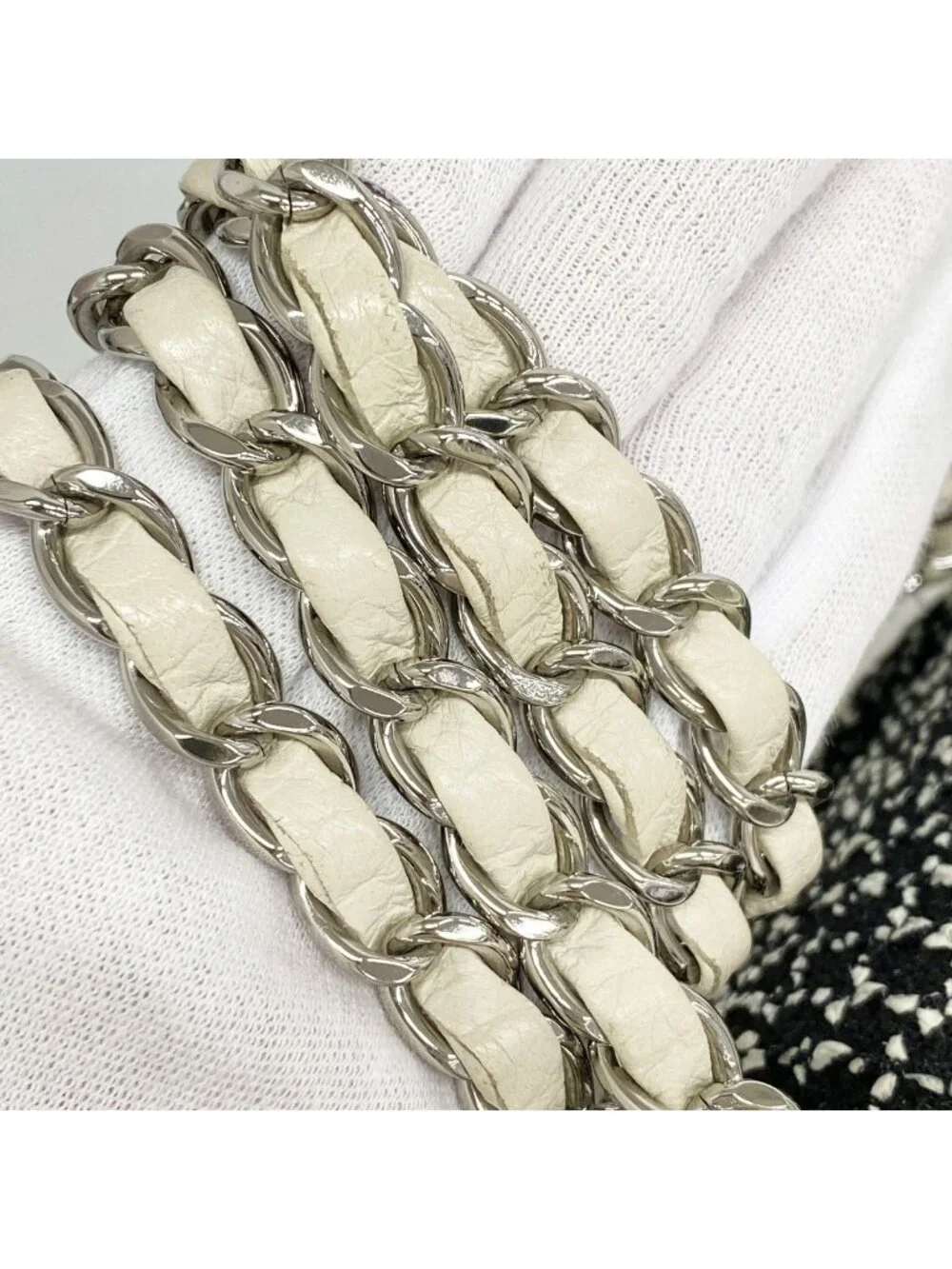 Chanel Shoulder Bag Tweed Black Ivory Silver